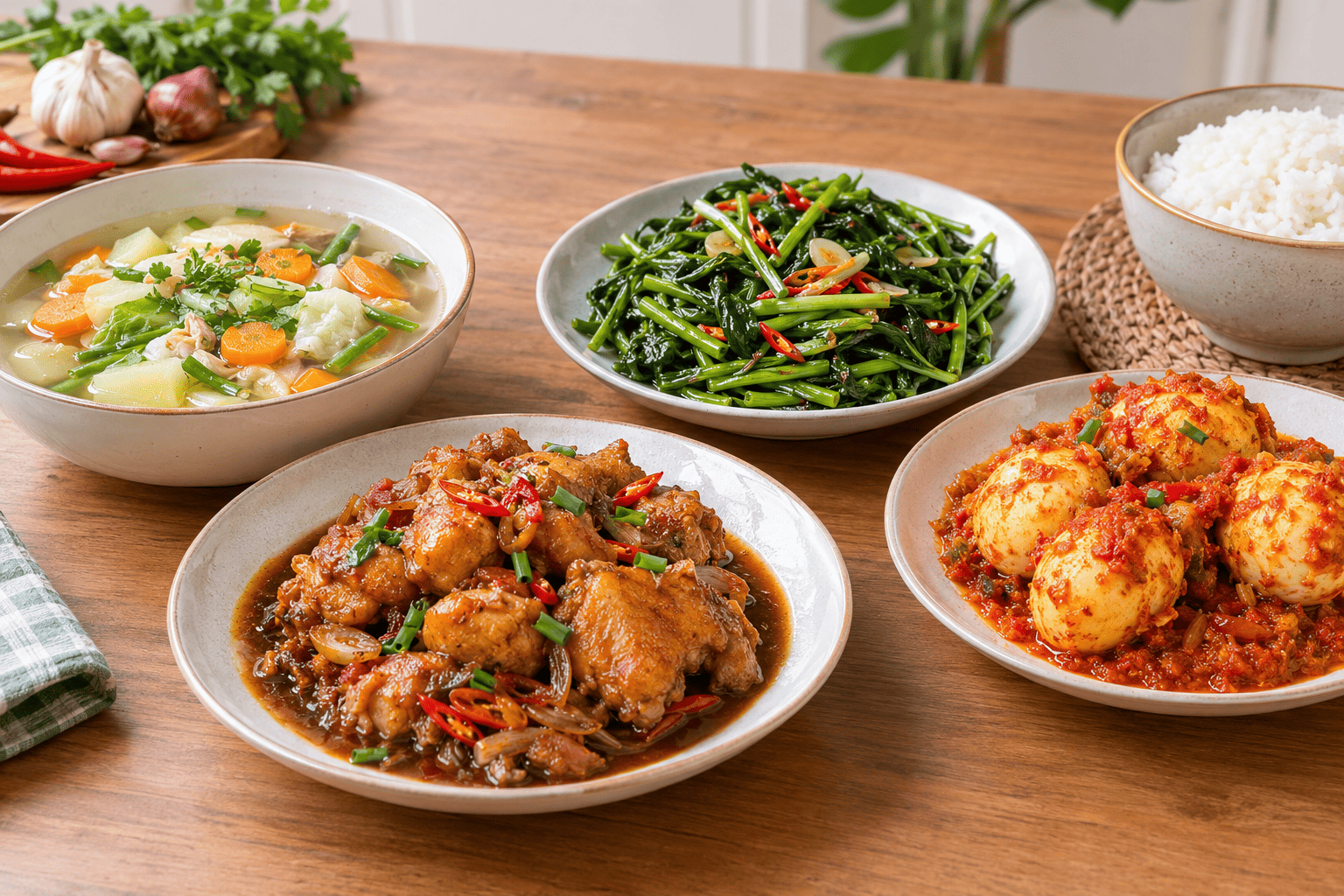 Resep masakan rumahan dengan ayam kecap, telur balado, tumis kangkung, dan sayur sop